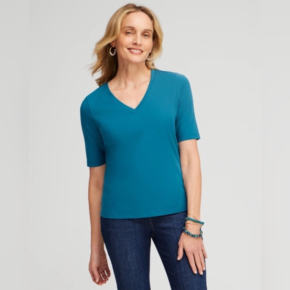 Chico's Vibrant Turquoise 100% Cotton Elbow-Sleeve Perfect Tee Size Large (2) - Picture 1 of 6